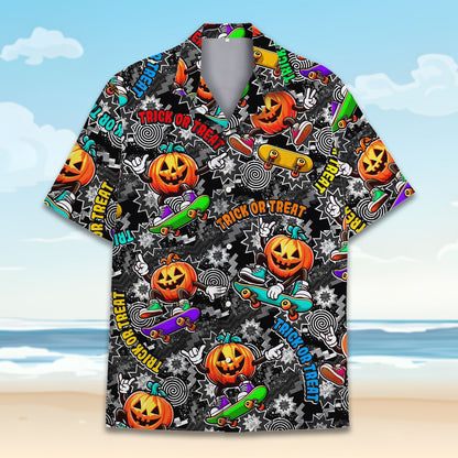 Detailed front view of the halloween hawaiian shirt showing the trick or treat text
