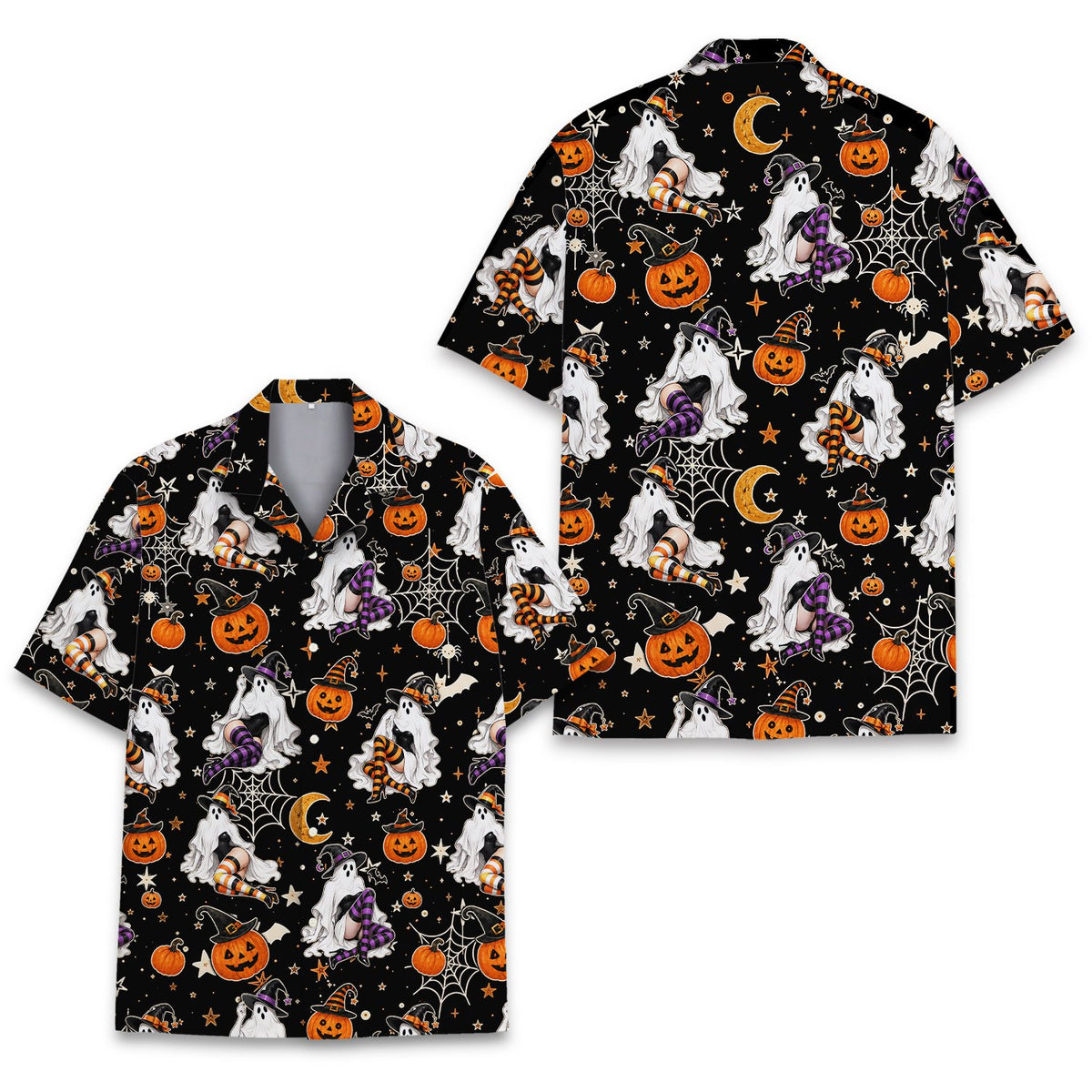 Matching family hawaiian shirts in halloween design, front view 2