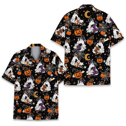 Matching family hawaiian shirts in halloween design, front view 2