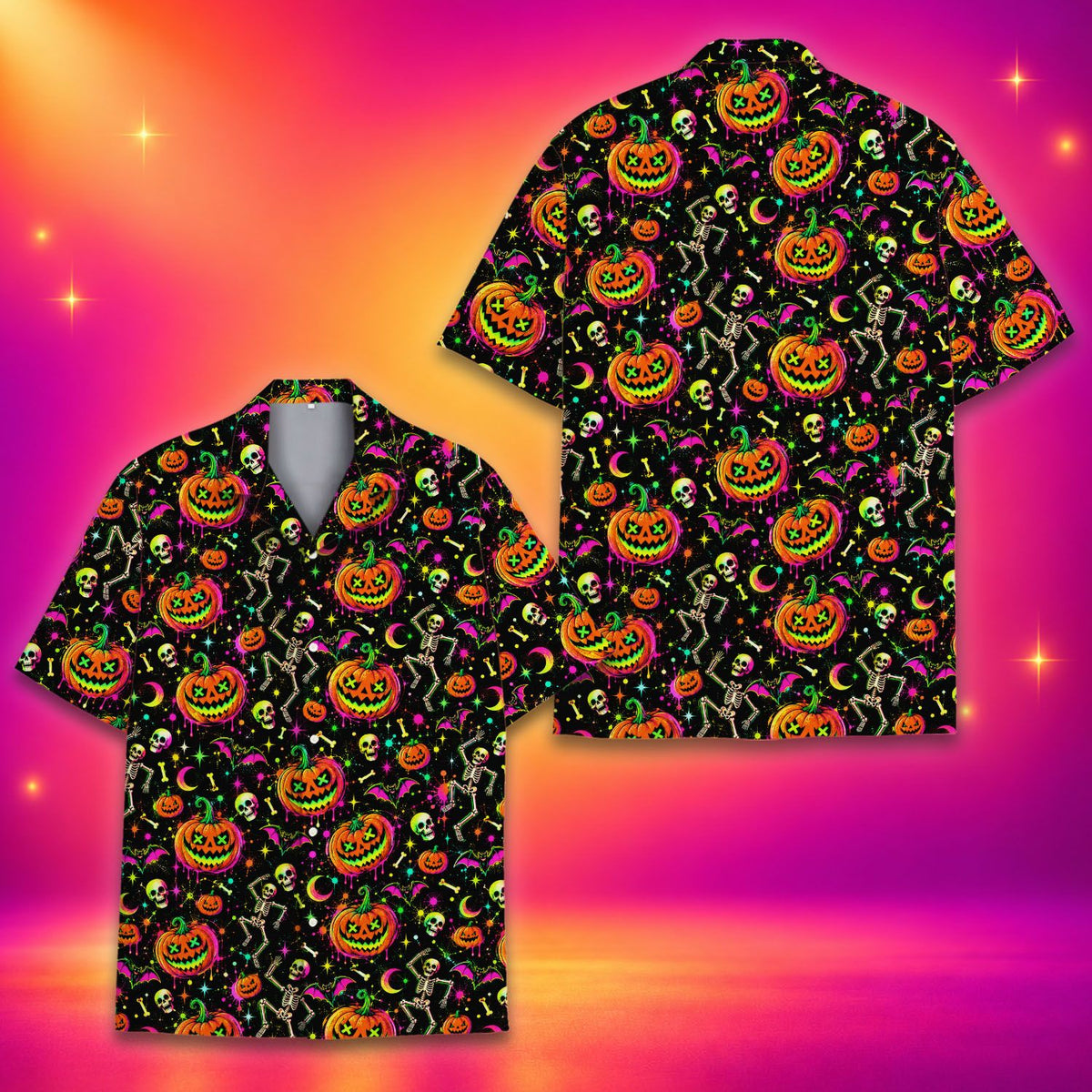 Alternate front view of the neon halloween pattern hawaiian shirt