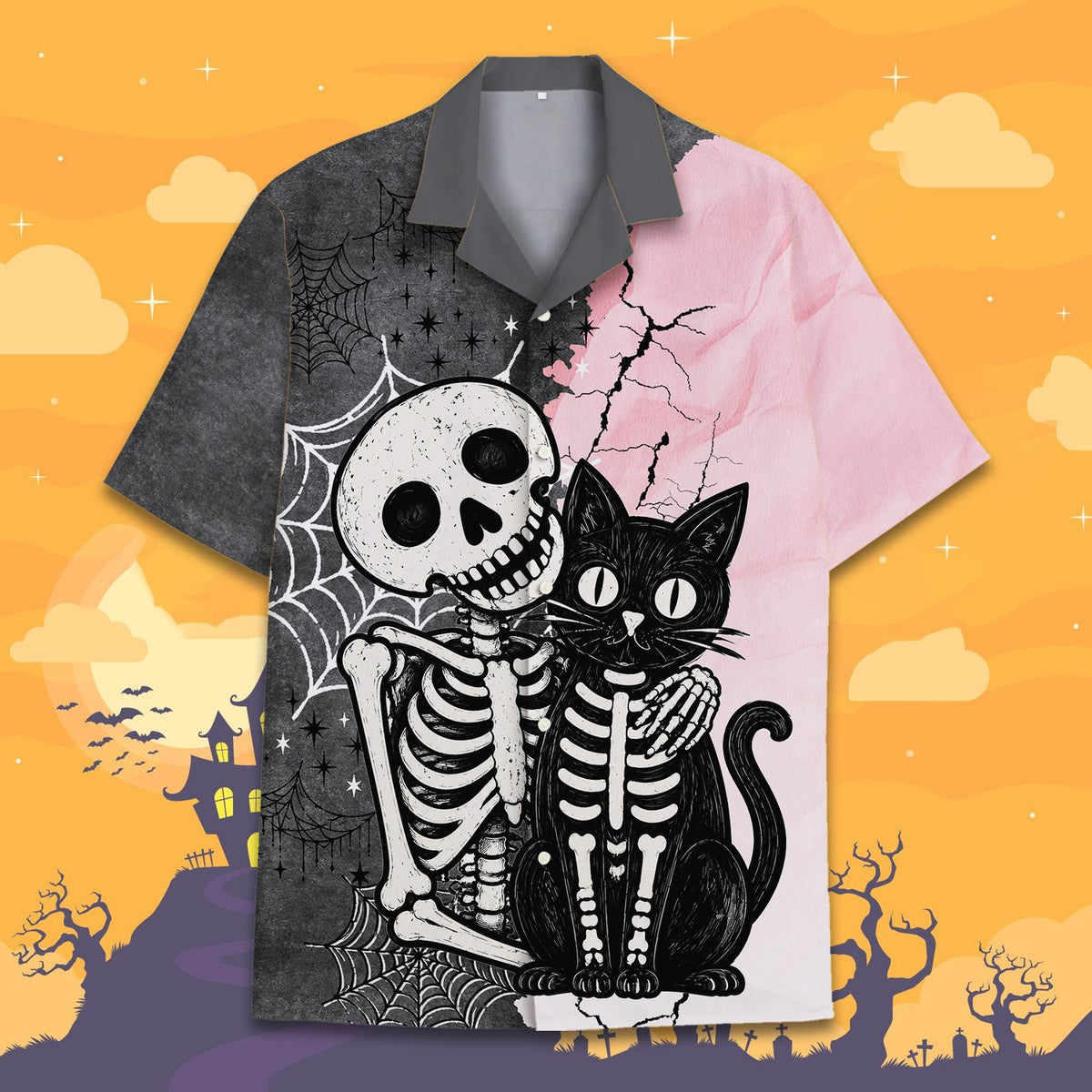 Detailed front view of the abstract skeleton and cat pattern on the halloween hawaiian shirt