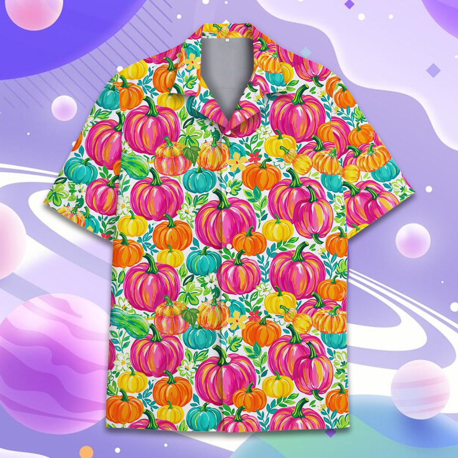 Matching family hawaiian shirts with pink and teal pumpkins, front view 2