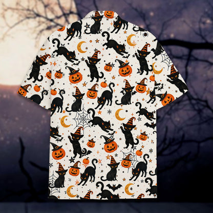 Alternate front view of the Halloween Hawaiian shirt showing collar details