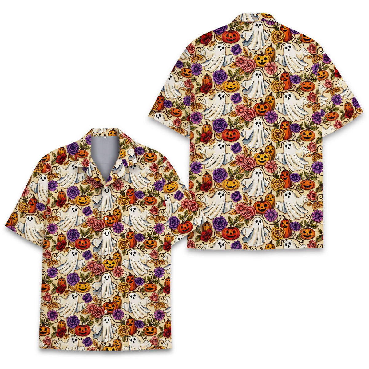 Detailed front view of the yellow Halloween Hawaiian shirt