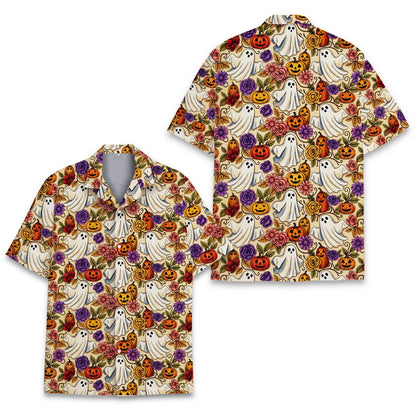 Detailed front view of the yellow Halloween Hawaiian shirt