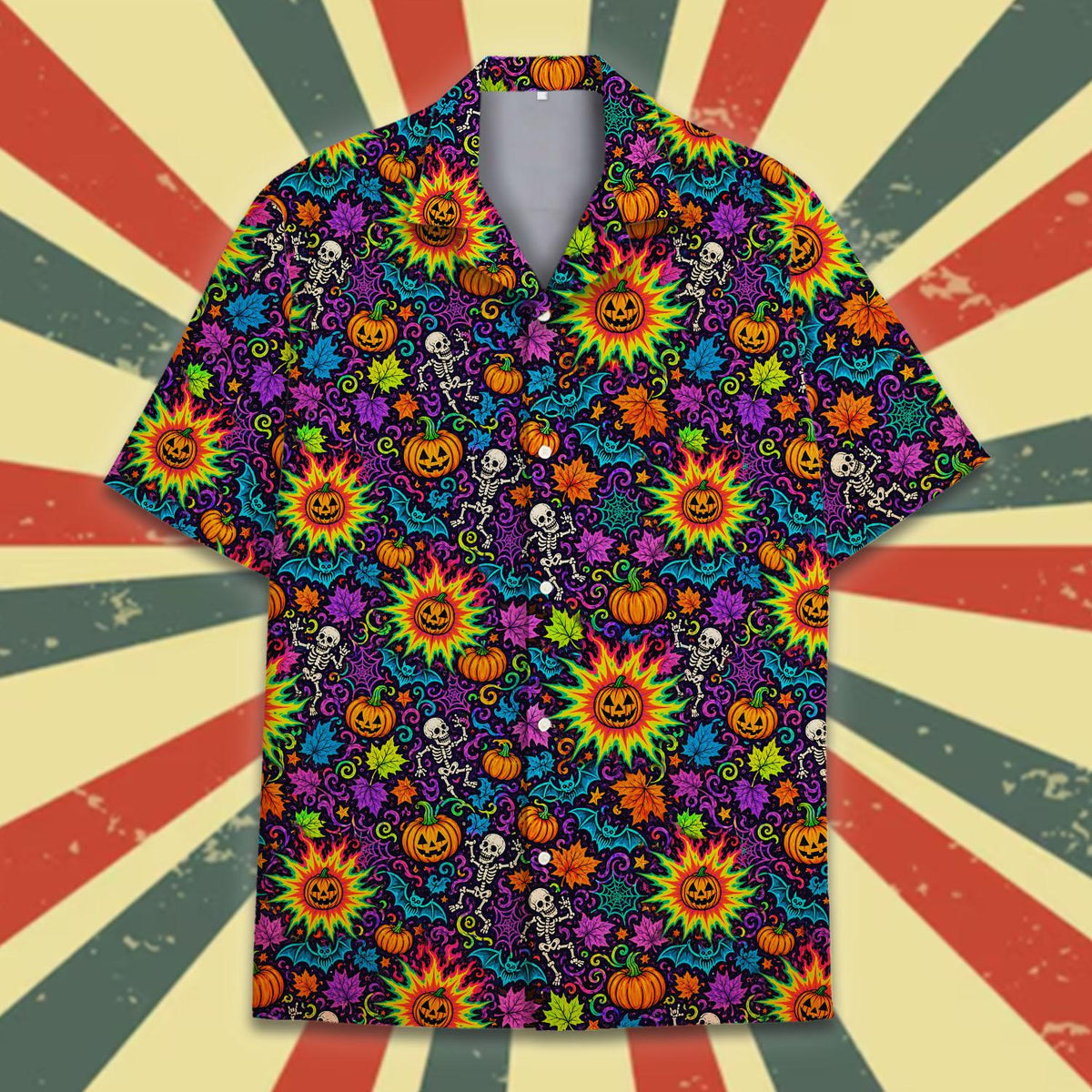Additional front view of the psychedelic Halloween Hawaiian shirt