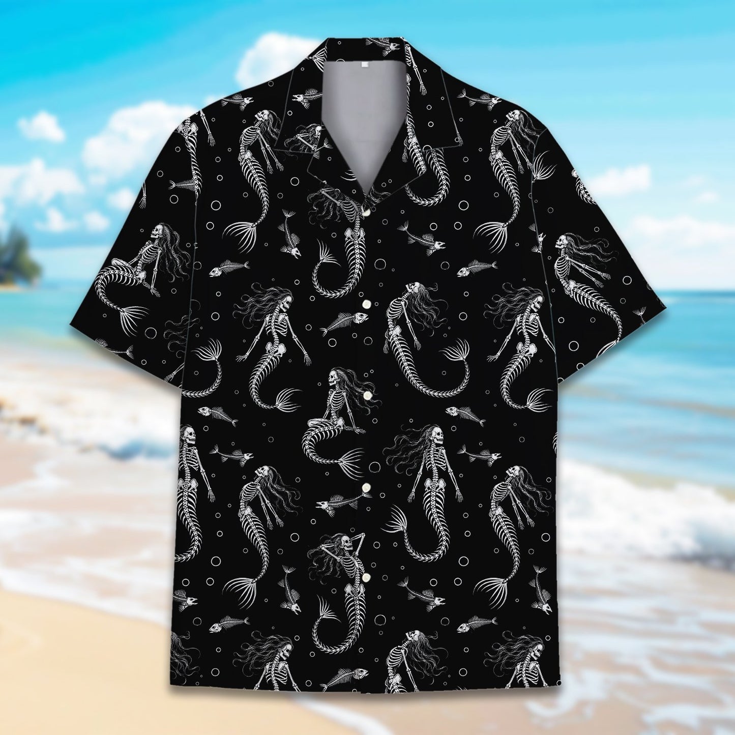 Halloween hawaiian shirt with skeletal fish and bubbles, alternate front view