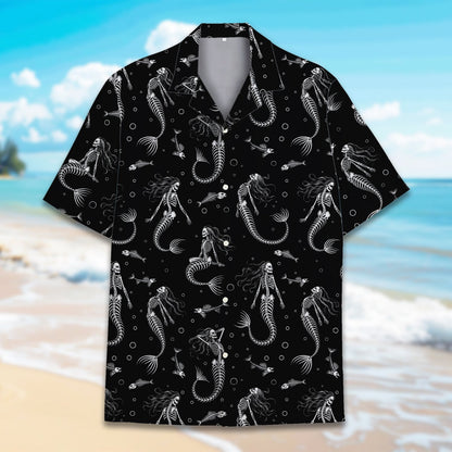 Halloween hawaiian shirt with skeletal fish and bubbles, alternate front view