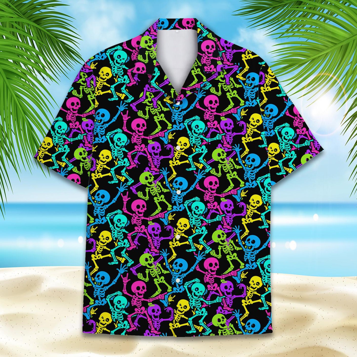 Front detail of the neon skeleton Halloween Hawaiian shirt