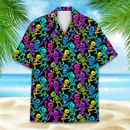 Front detail of the neon skeleton Halloween Hawaiian shirt