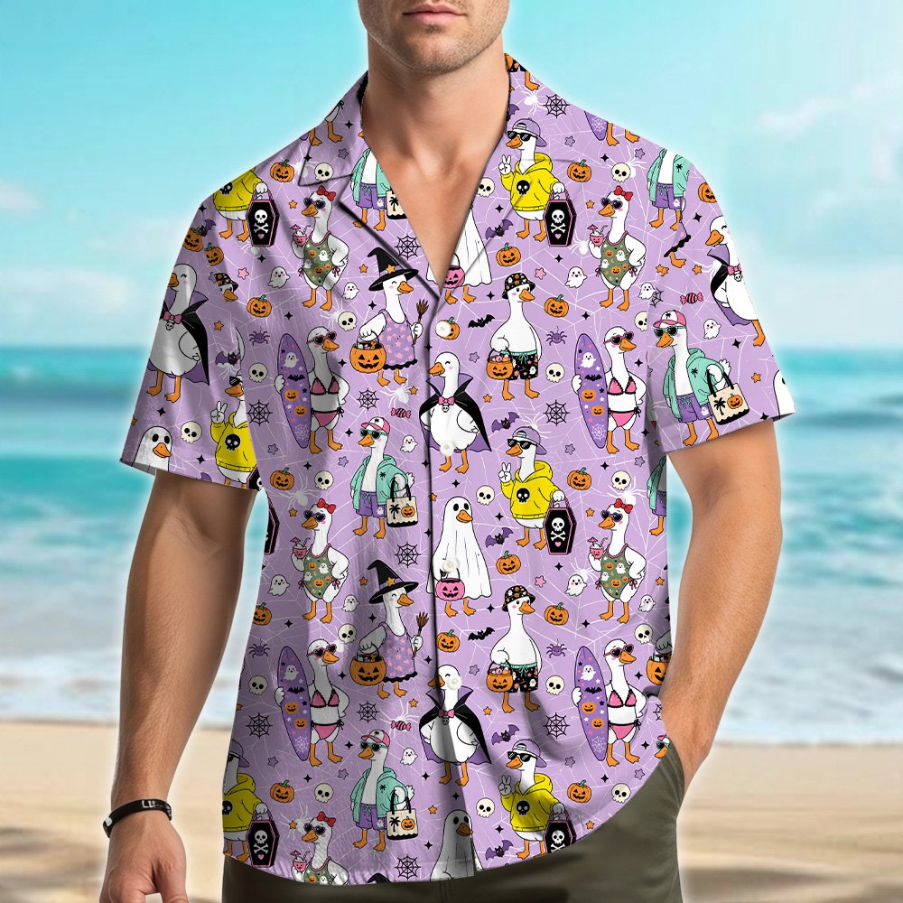 Front view showing the ghost and witch duck design on the hawaiian shirt