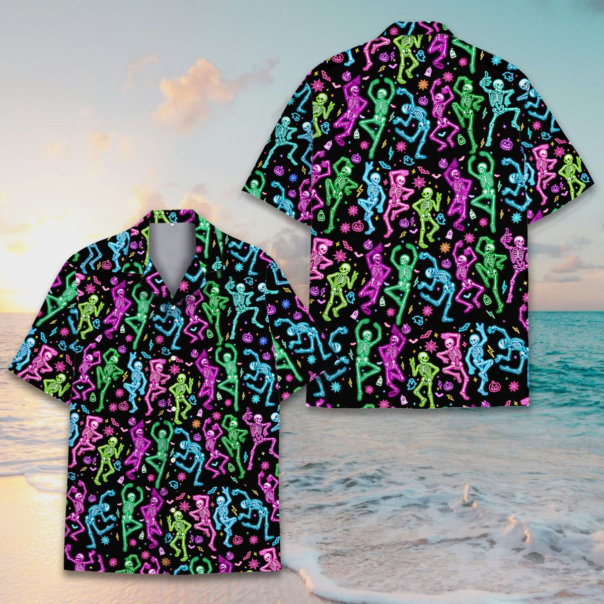Detailed front view of the neon skeleton halloween hawaiian shirt