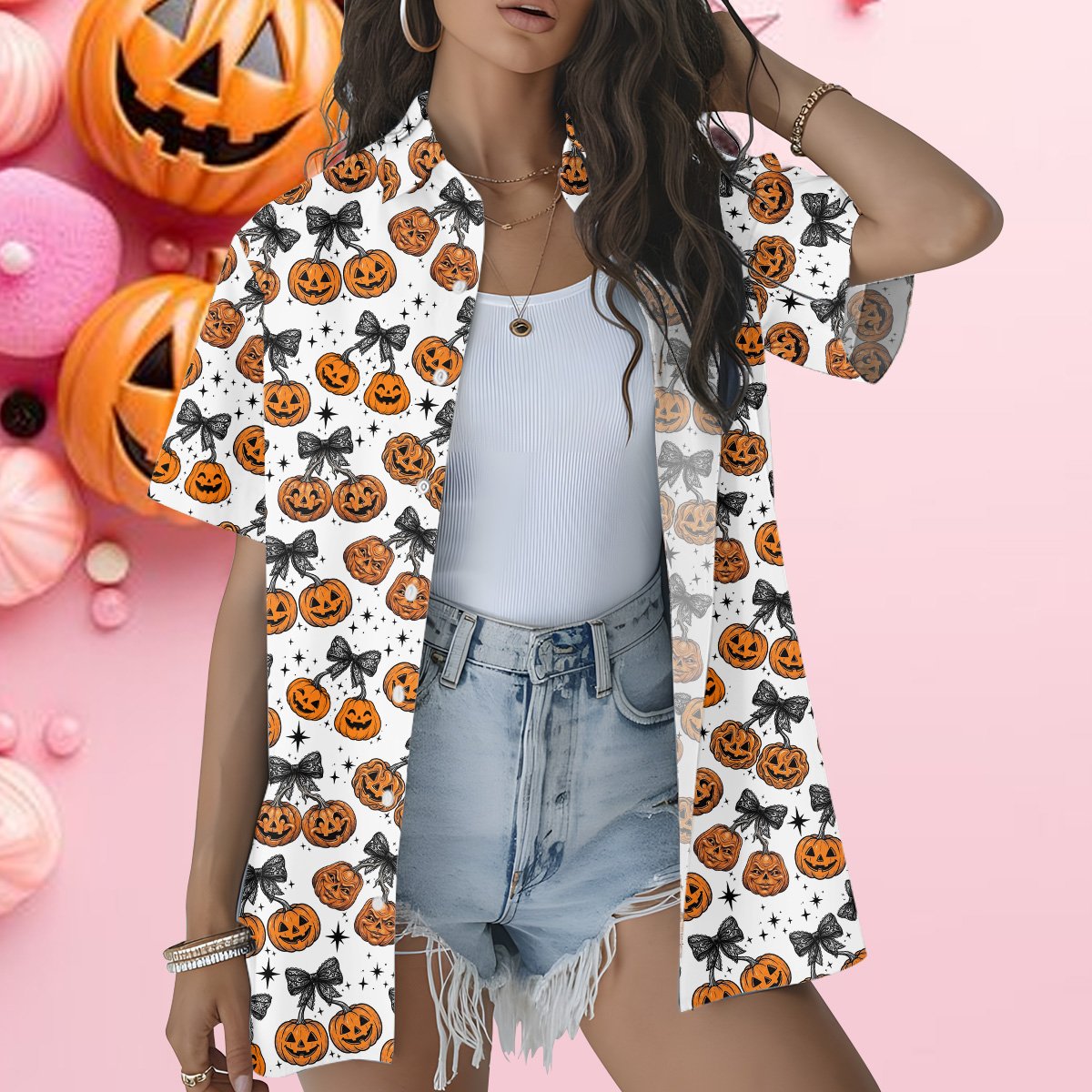 Adult wearing halloween hawaiian shirt front view