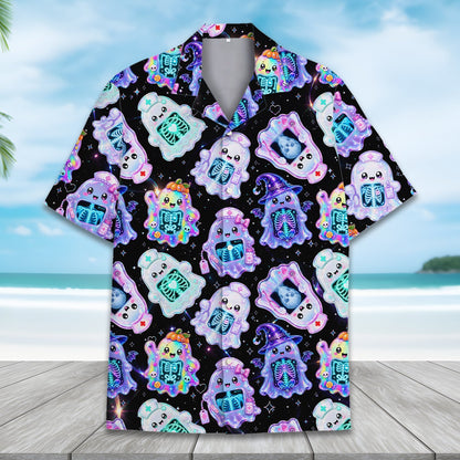 Alternate front view of the matching family hawaiian shirt with spooky pastel design