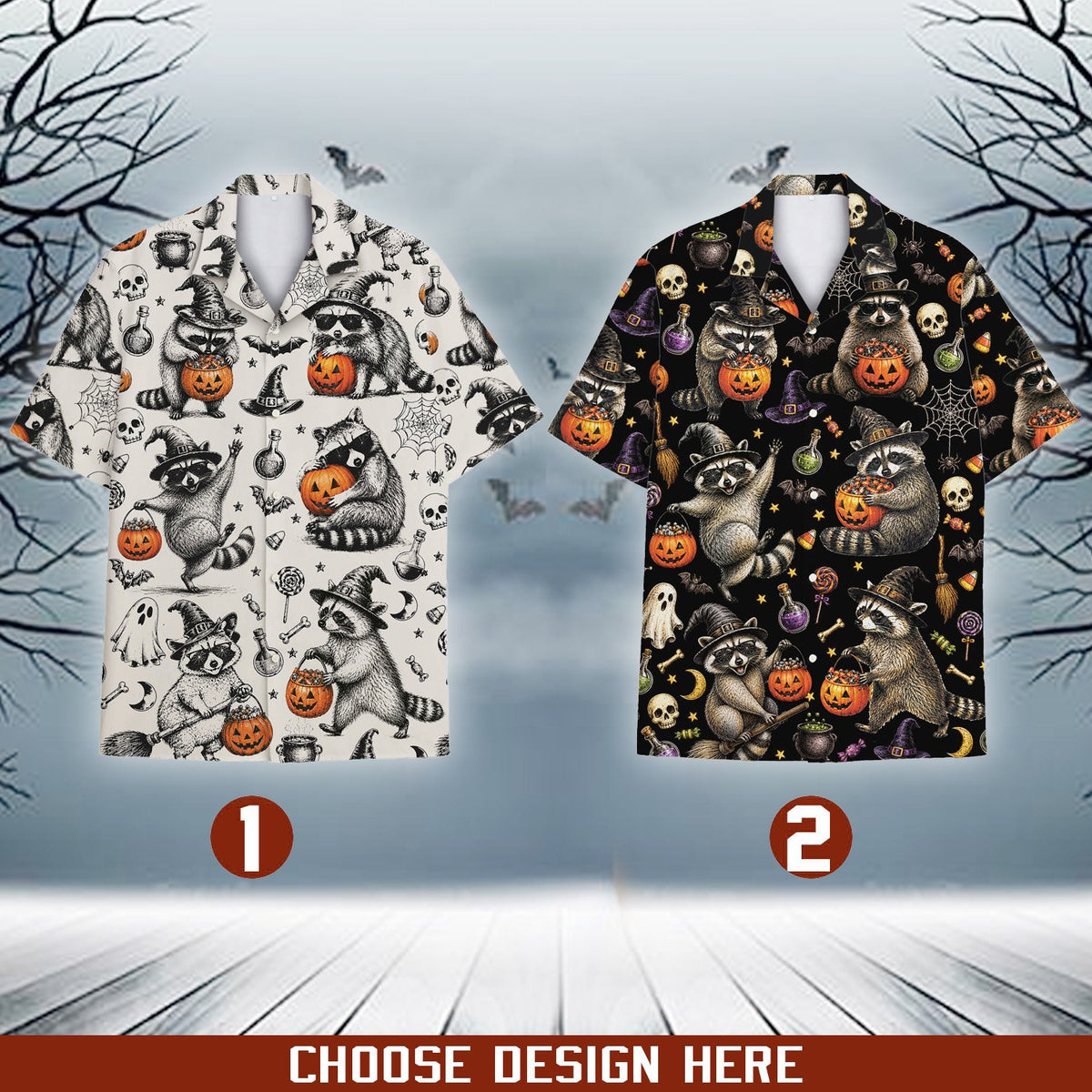 Another front view of the matching family hawaiian shirt highlighting the bat and ghost details