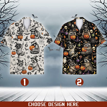 Another front view of the matching family hawaiian shirt highlighting the bat and ghost details
