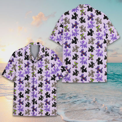 Halloween hawaiian shirt featuring skeleton and mummy balloon dogs front view