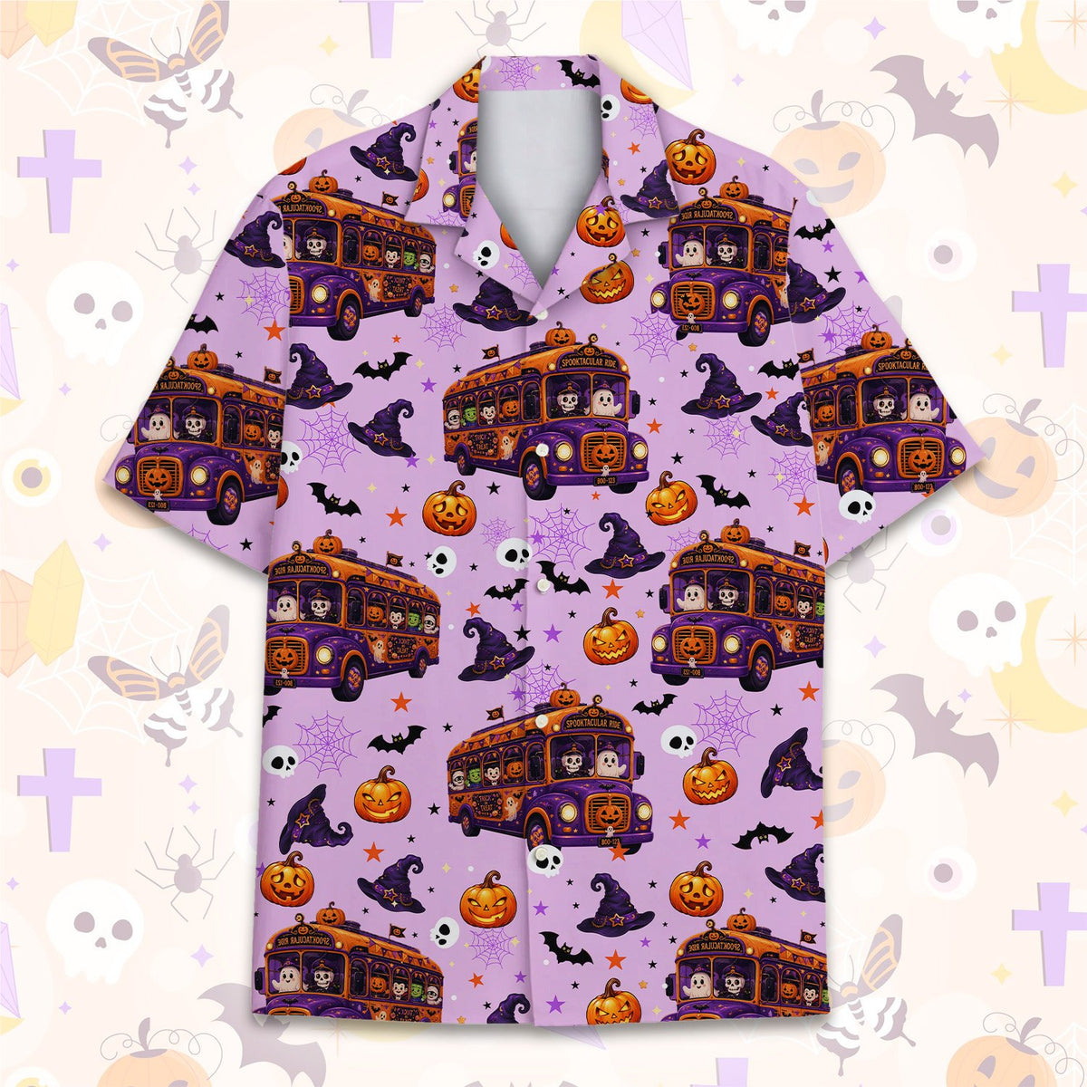 Close up front view of the halloween hawaiian shirt displaying jack-o-lanterns and bats