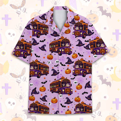 Close up front view of the halloween hawaiian shirt displaying jack-o-lanterns and bats