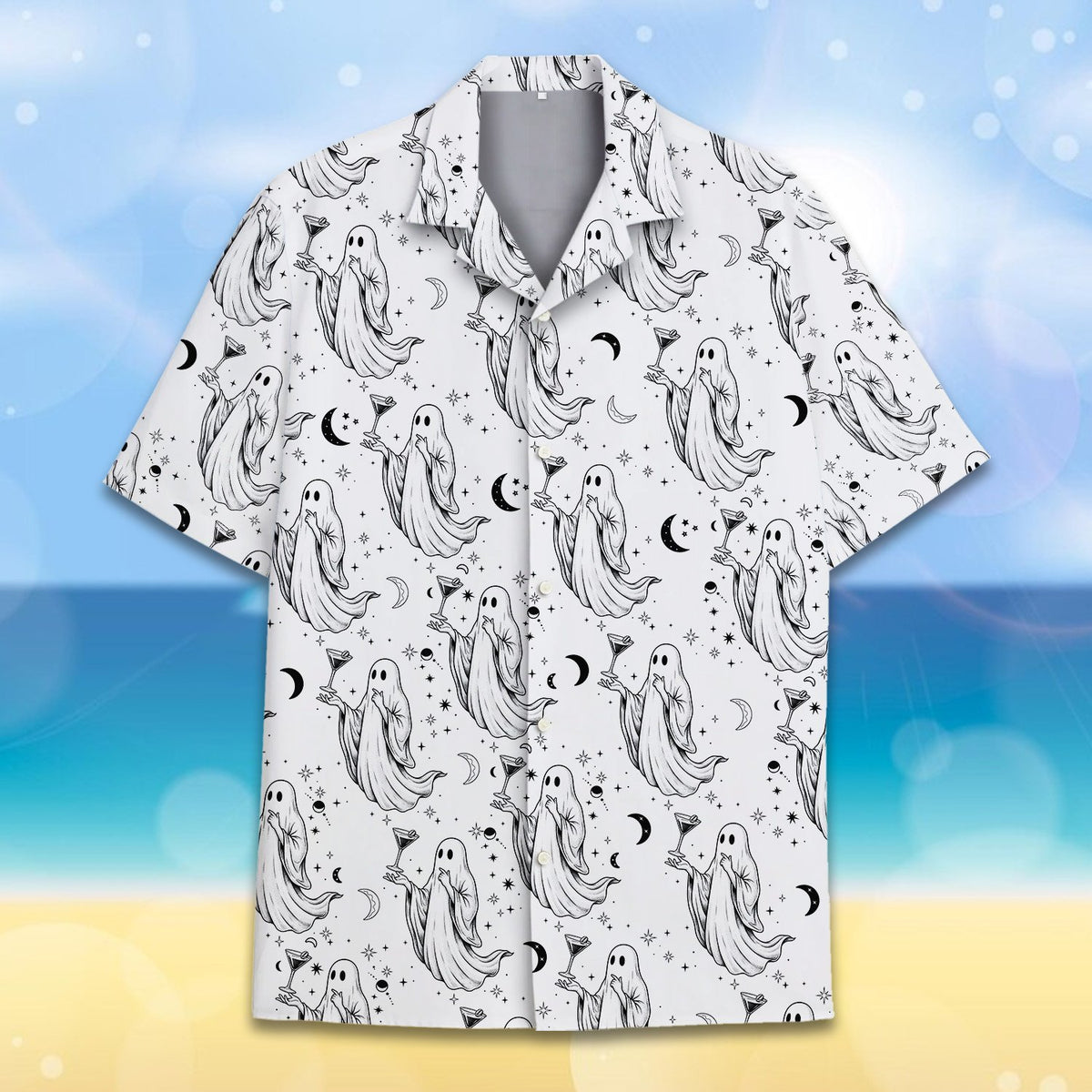 Alternate front view of the white and black halloween hawaiian shirt