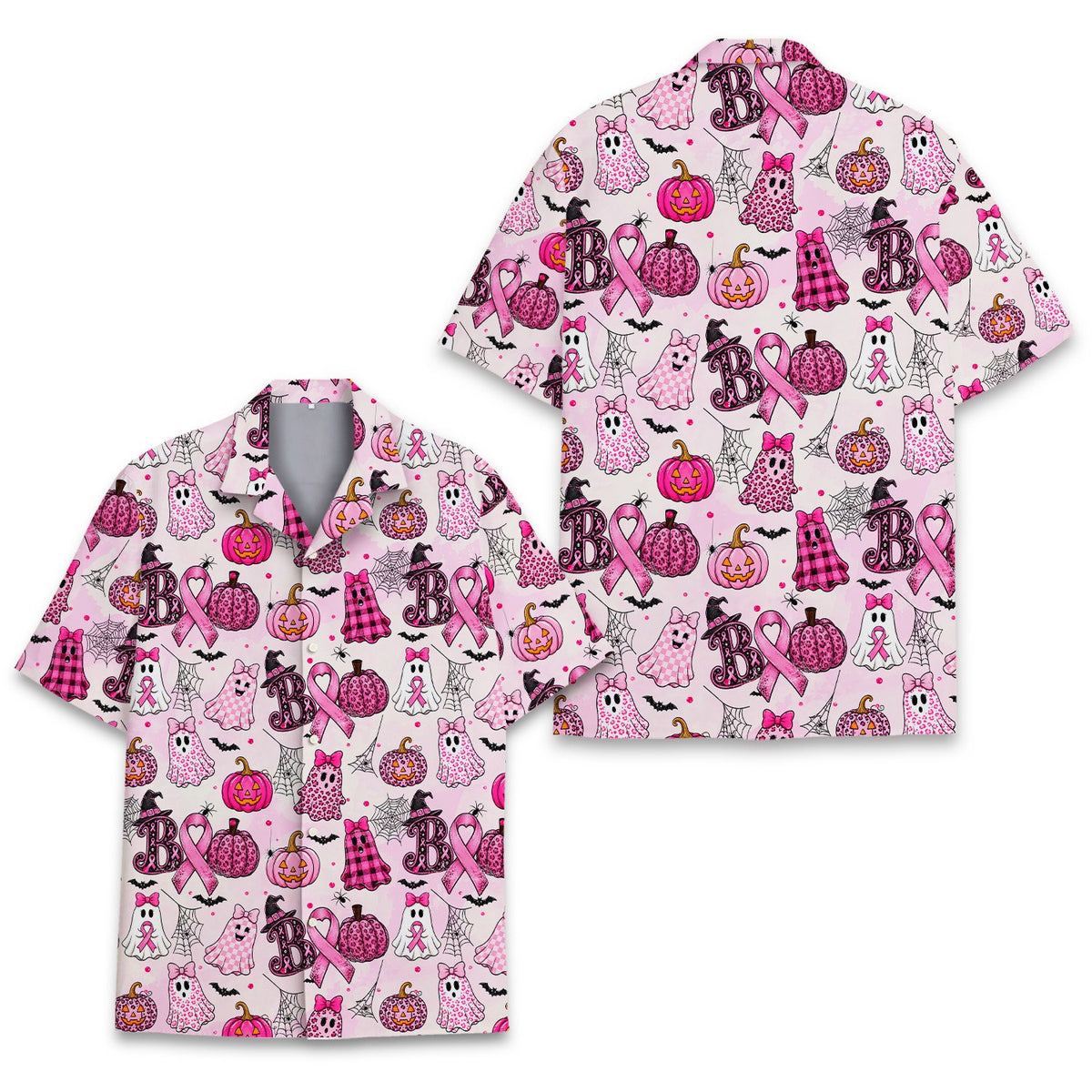 Pink hawaiian halloween shirt showing front details