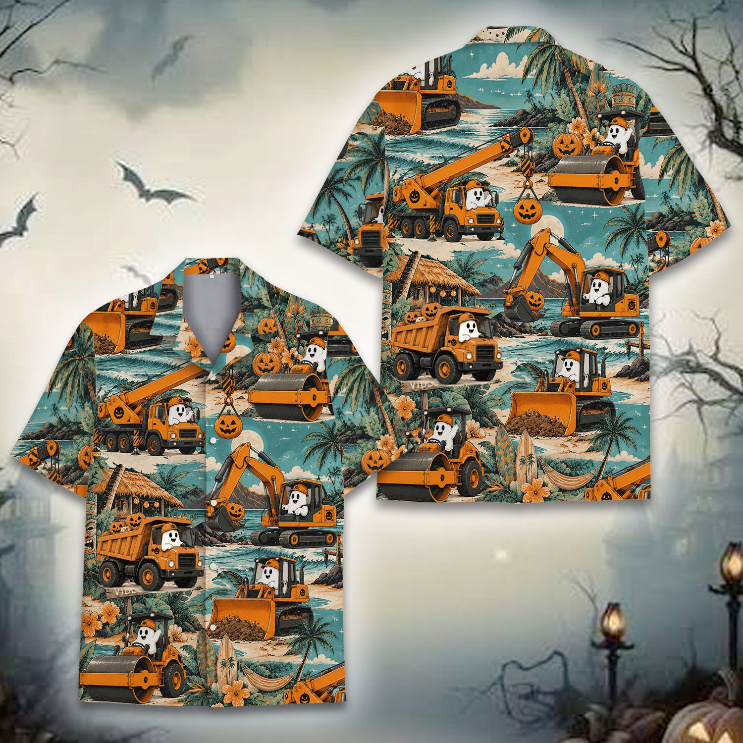 Teal halloween hawaiian shirt alternate front view