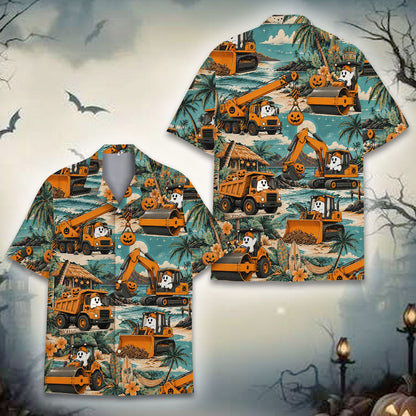 Teal halloween hawaiian shirt alternate front view