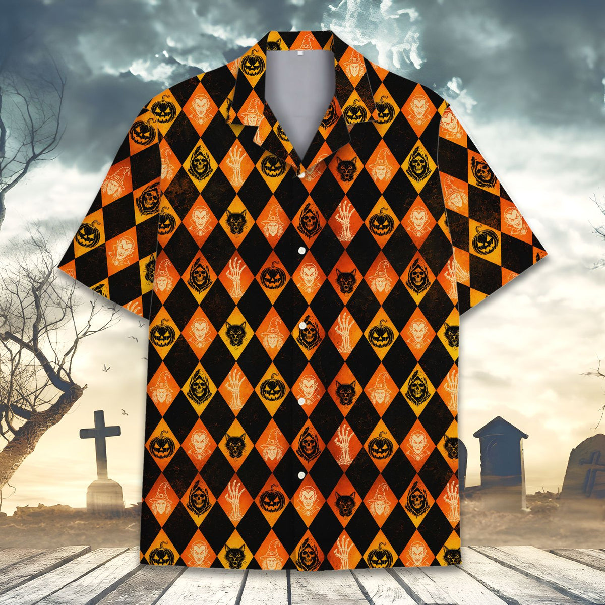 Alternate front view of the black and orange Halloween hawaiian shirt