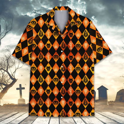 Alternate front view of the black and orange Halloween hawaiian shirt