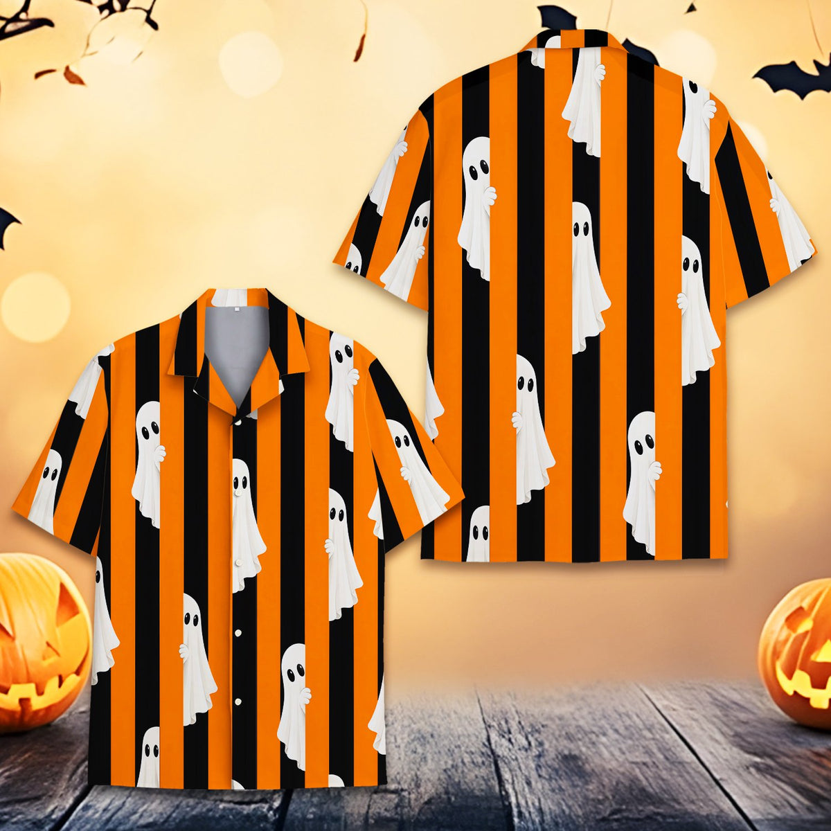 Close-up front view of the stripes hawaiian shirt in orange and black