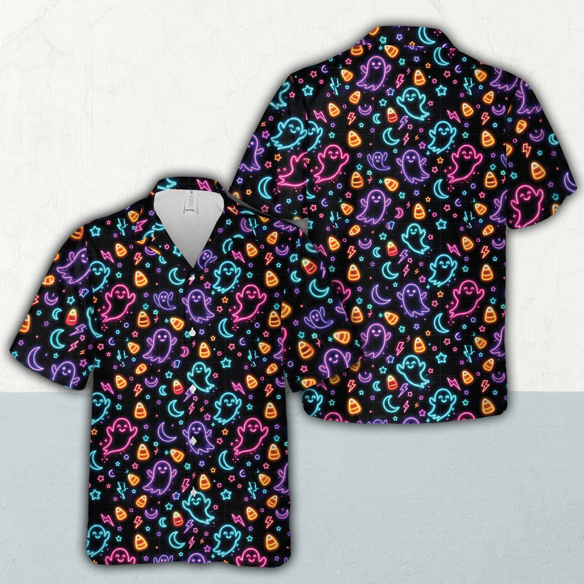 Neon Halloween holiday hawaiian shirt mens style, main view