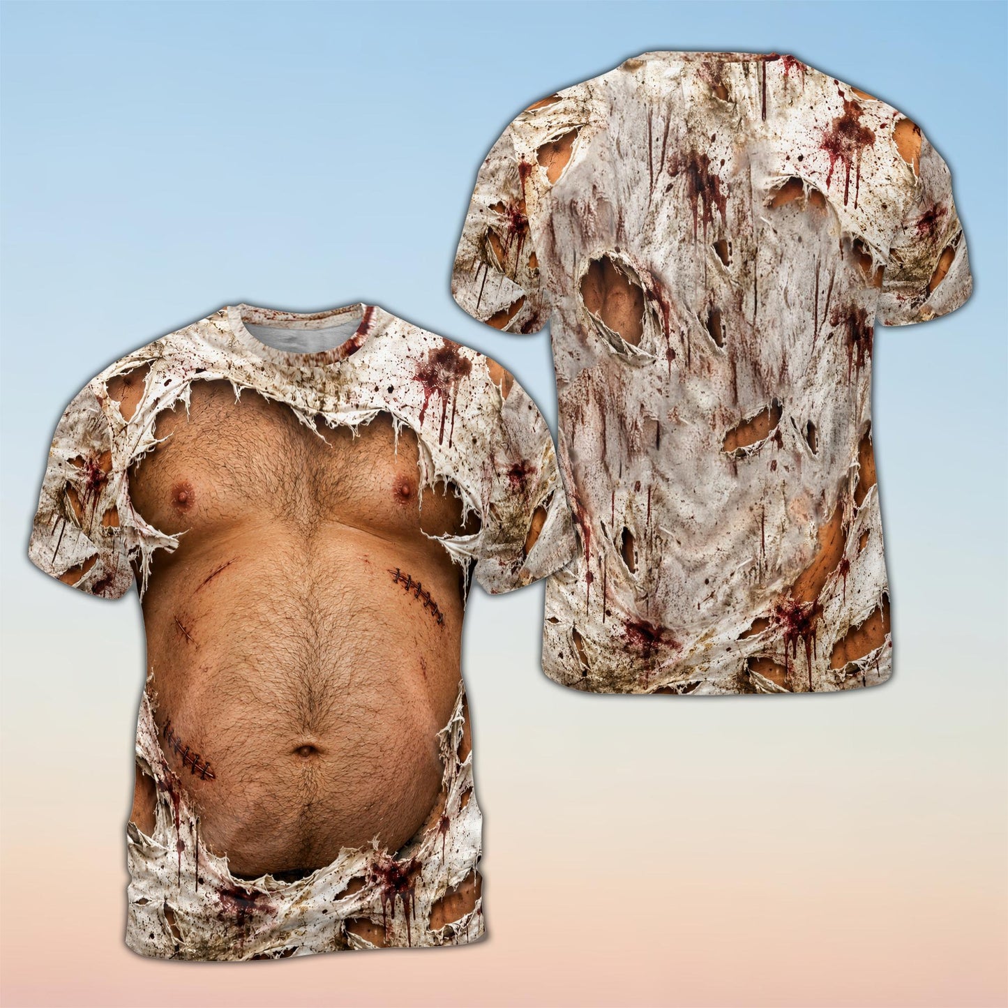 Halloween costumes hawaiian shirt with realistic bloody torn skin and abs design, main view
