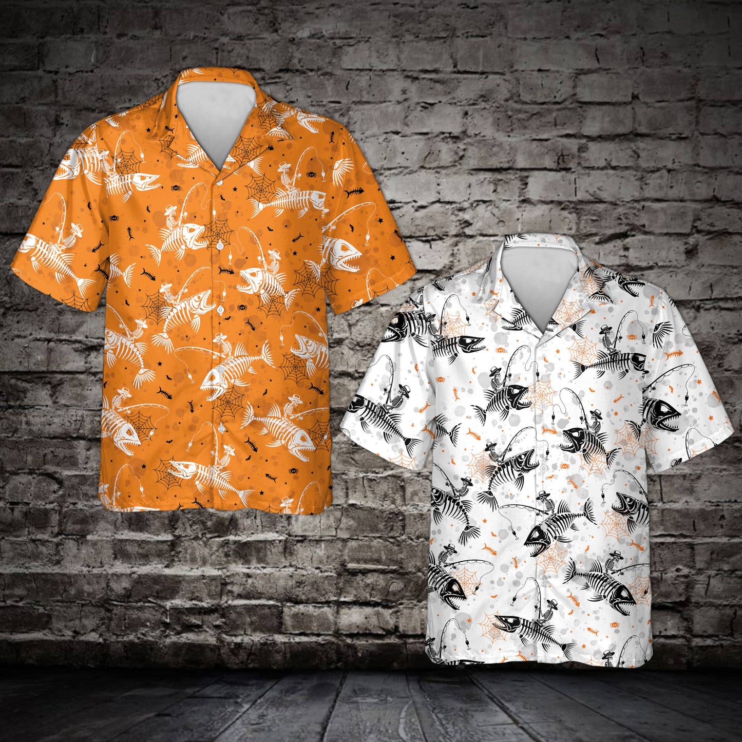 Main view of the matching family hawaiian shirts featuring a Halloween skeleton fishing design