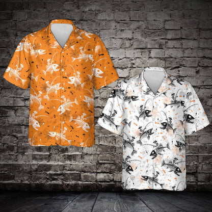 Front view of the hawaiian holiday shirt showing the multicolor skeleton fish pattern