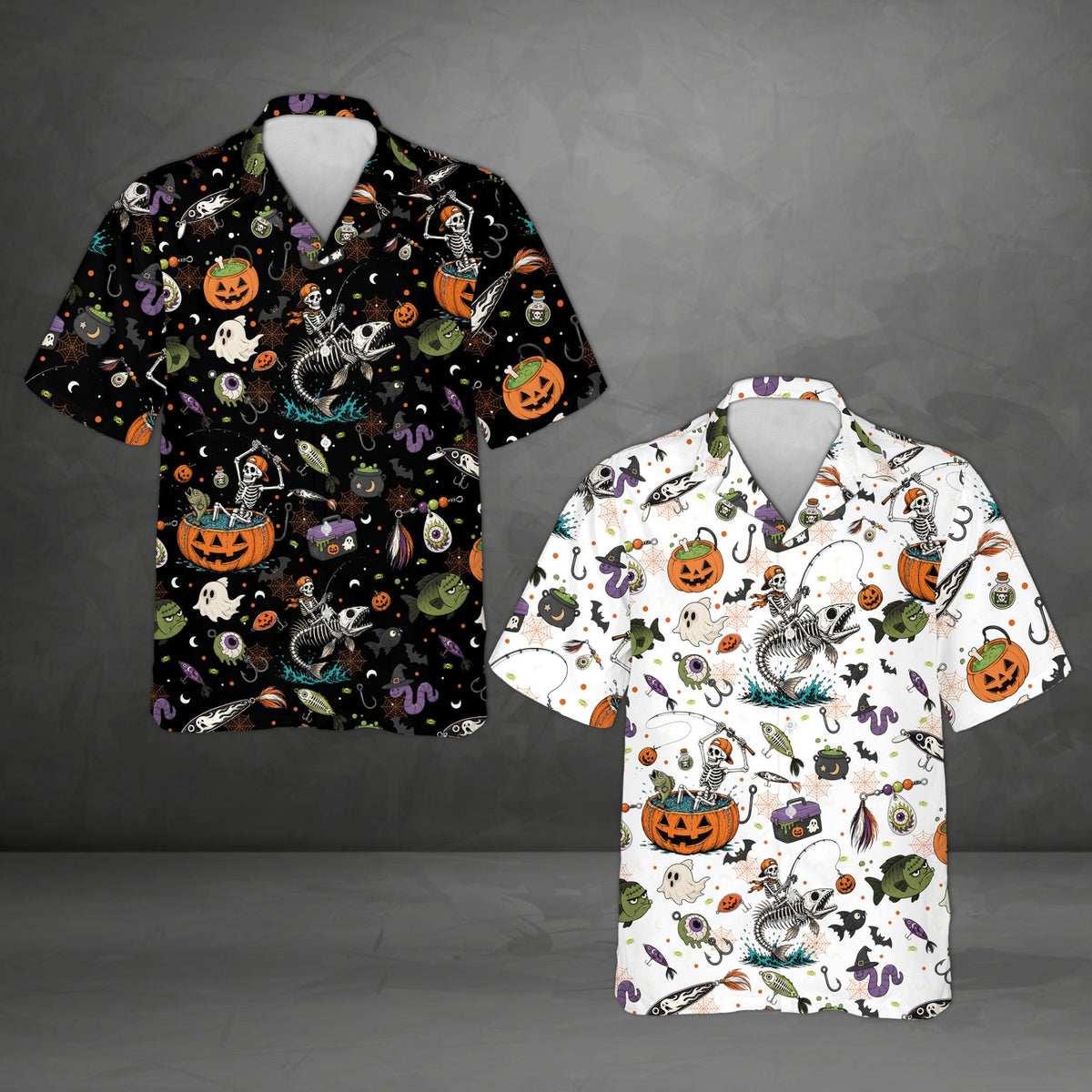 Multicolor halloween hawaiian shirt with ghosts and bats, front view