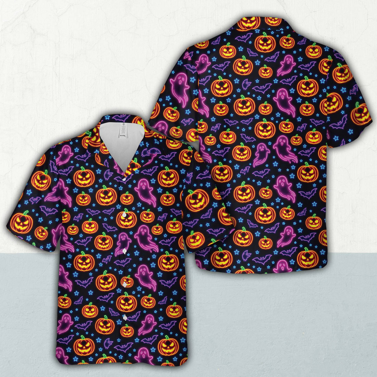 Close up front view of neon Halloween hawaiian shirt