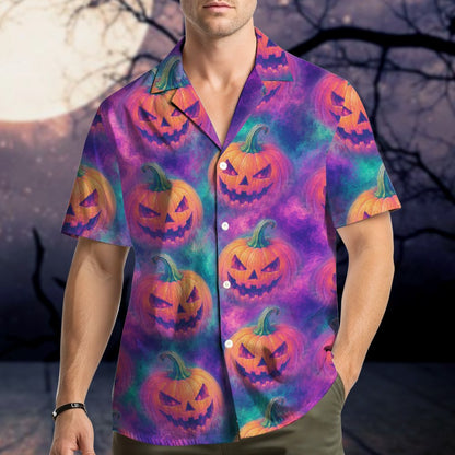 Another front view of the jack-o'-lantern print hawaiian shirt