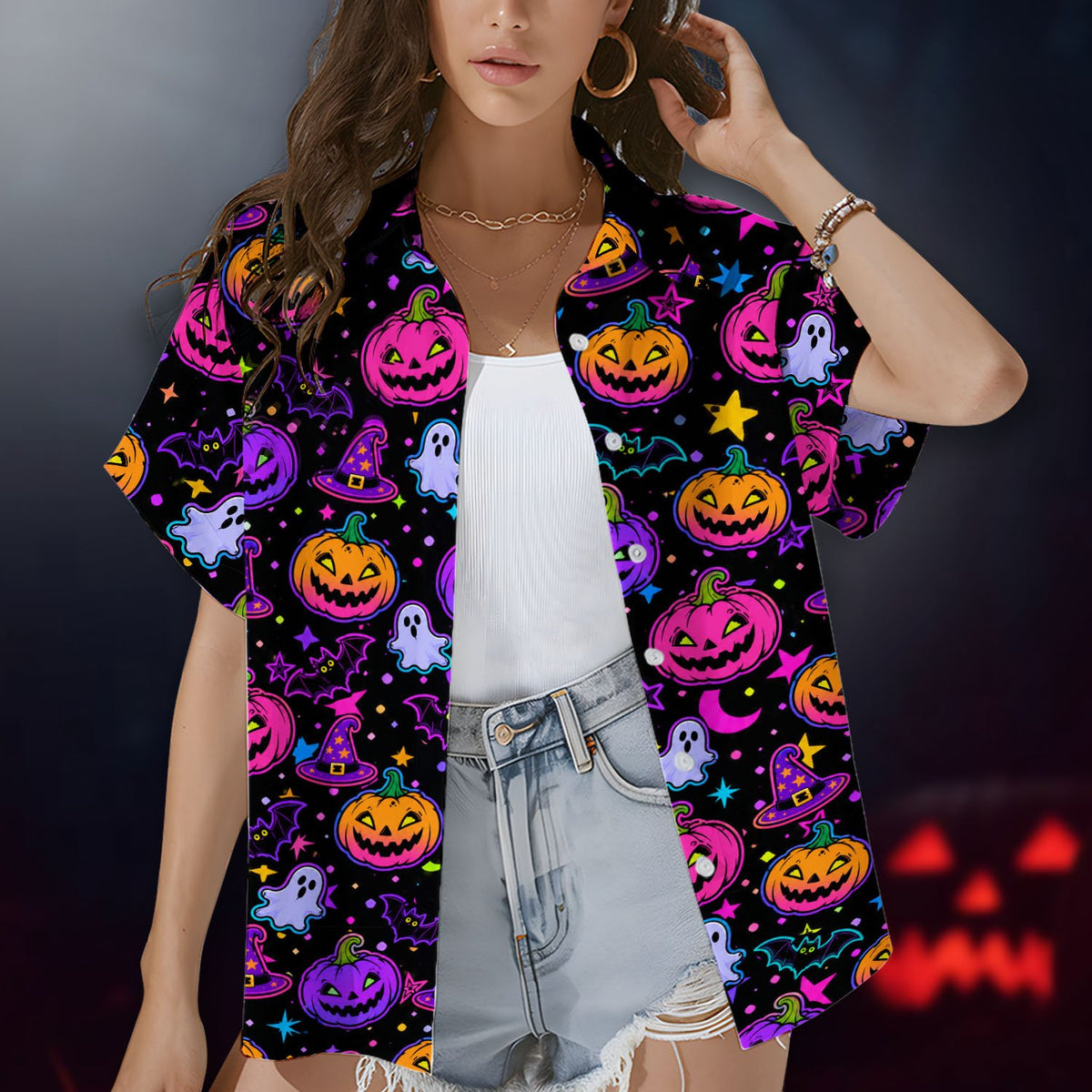 Close-up front view of the holiday hawaiian shirt pattern featuring stars and moons