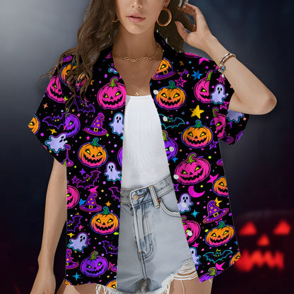 Close-up front view of the holiday hawaiian shirt pattern featuring stars and moons