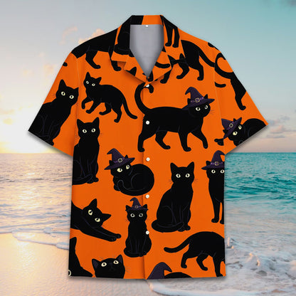 Third front view of the halloween hawaiian shirt featuring black cats and purple witch hats on solid orange