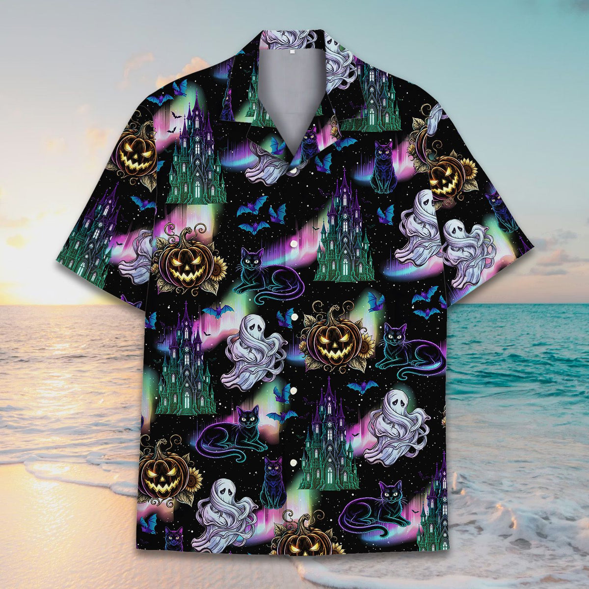 Front view of the matching family Hawaiian shirt, close up