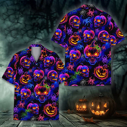 Additional front angle of the glowing skull print hawaiian shirt