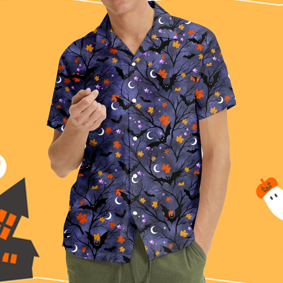Matching family halloween hawaiian shirt featuring bats, moons, and bare trees on a purple background, front view zoomed