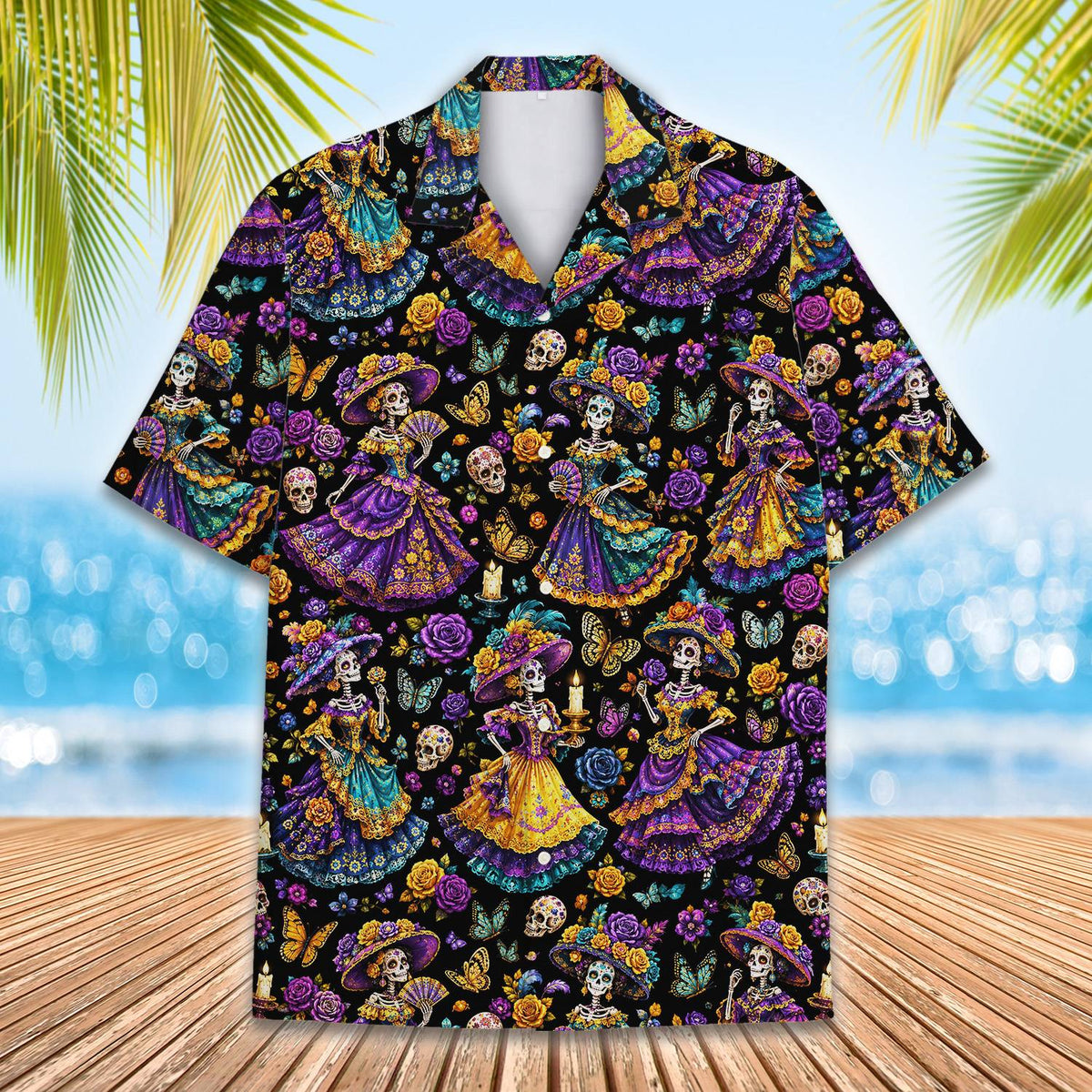 Another front angle of the Halloween hawaiian shirt with skulls and roses pattern
