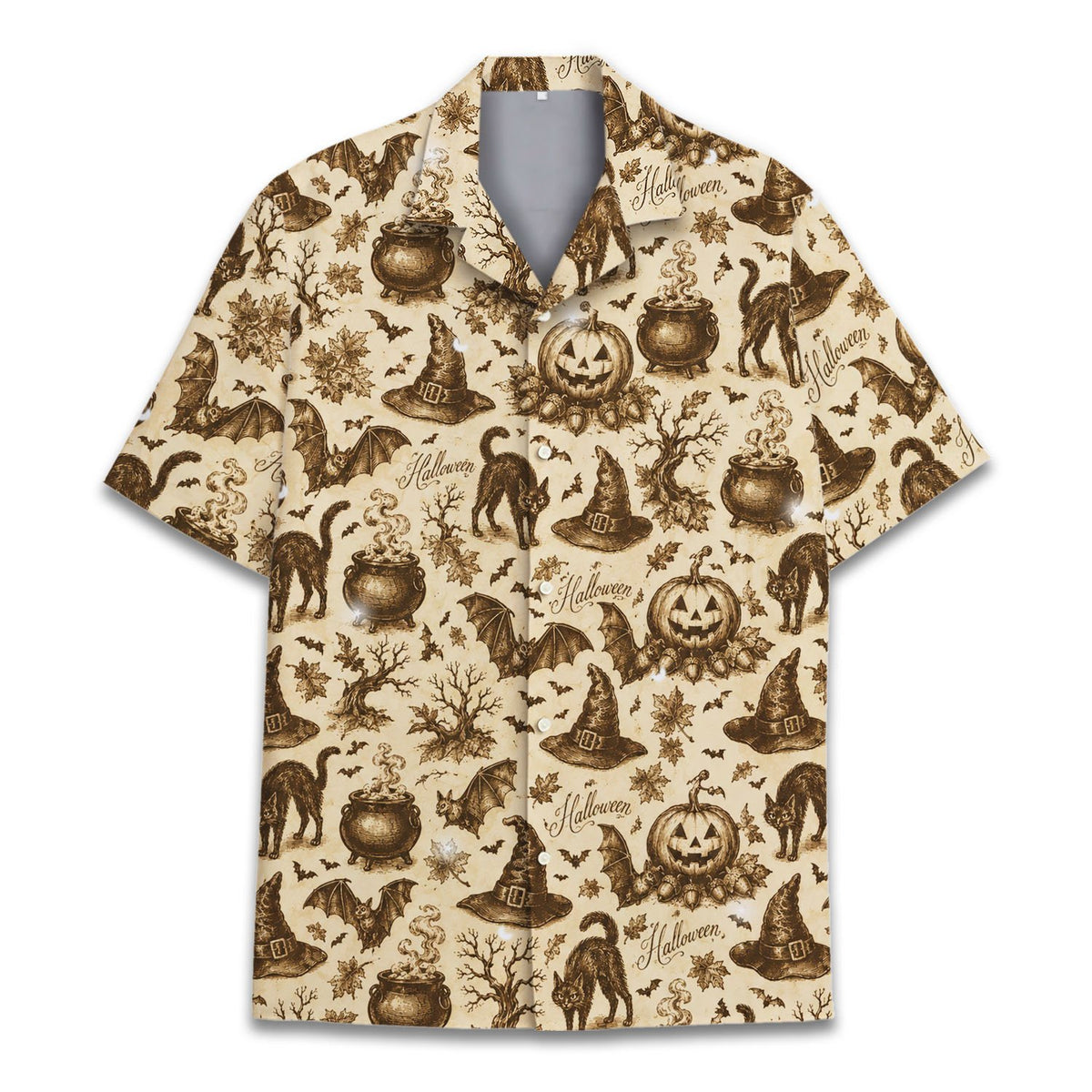 Close-up front view of the halloween hawaiian shirt fabric and buttons
