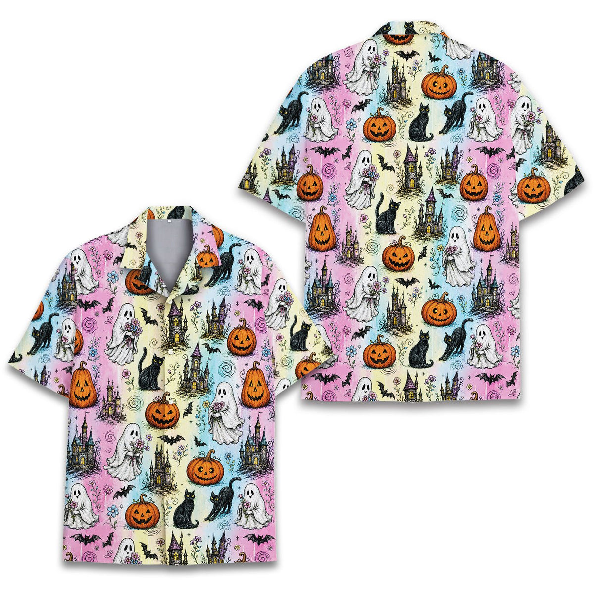 Another front view showing the pastel tie-dye background and black cats