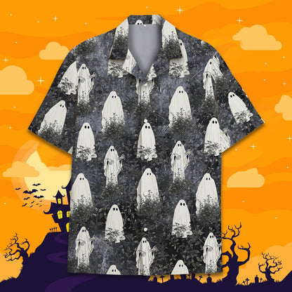 Detailed front view of the ghost pattern on the matching family hawaiian shirt