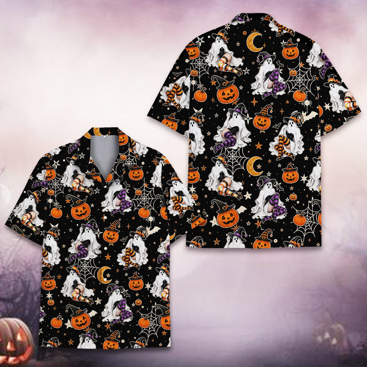 Matching family hawaiian shirts in halloween design, front view 3