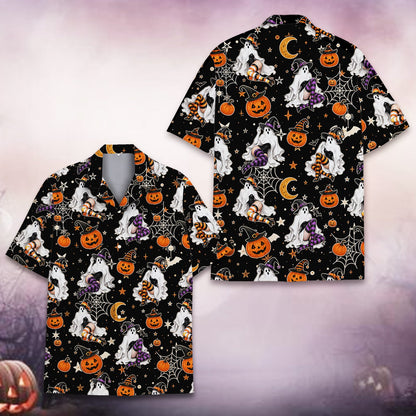 Matching family hawaiian shirts in halloween design, front view 3