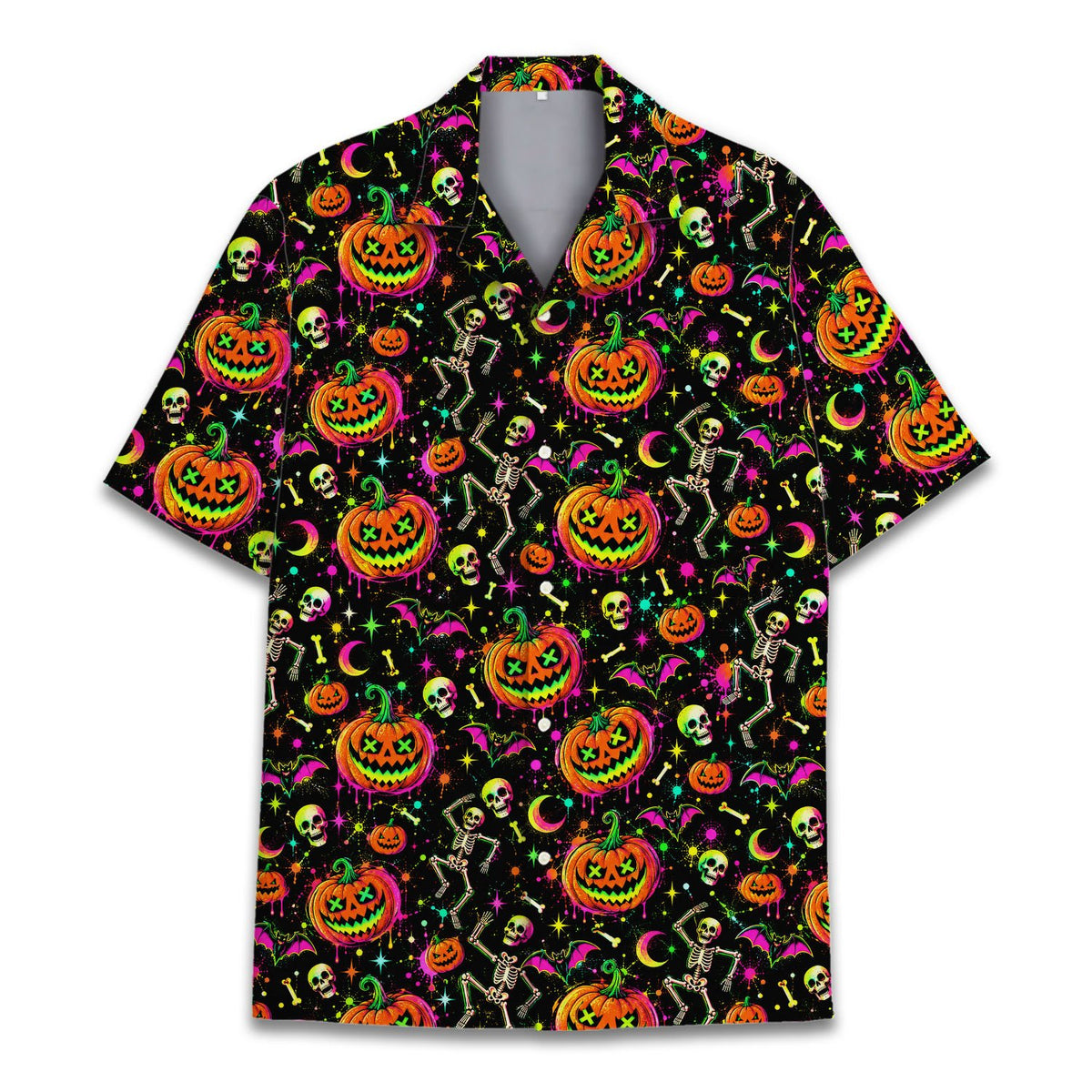 Detailed front view of the halloween hawaiian shirt showing the vibrant colors